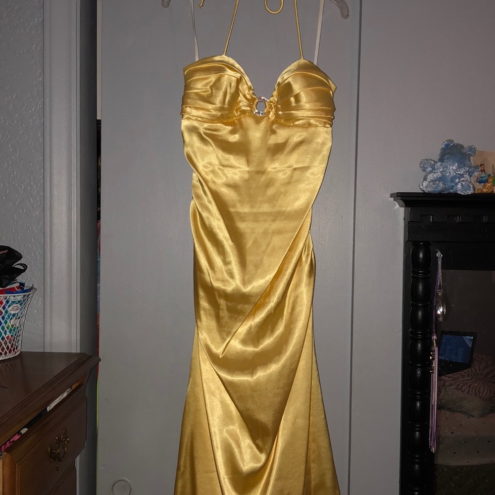 Yellow satin prom dress